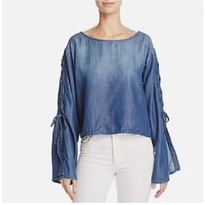 Bella Dahl Chambray Lace Up Bell Sleeve Boat Neck Top XS NWOT
